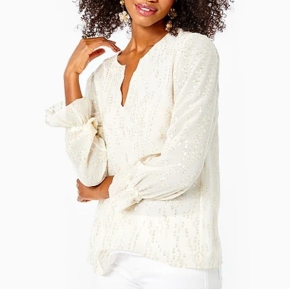 NEW LILLY Pulitzer Ellarey metallic gold and cream Silk Top with ruffle sleeve - Picture 1 of 8